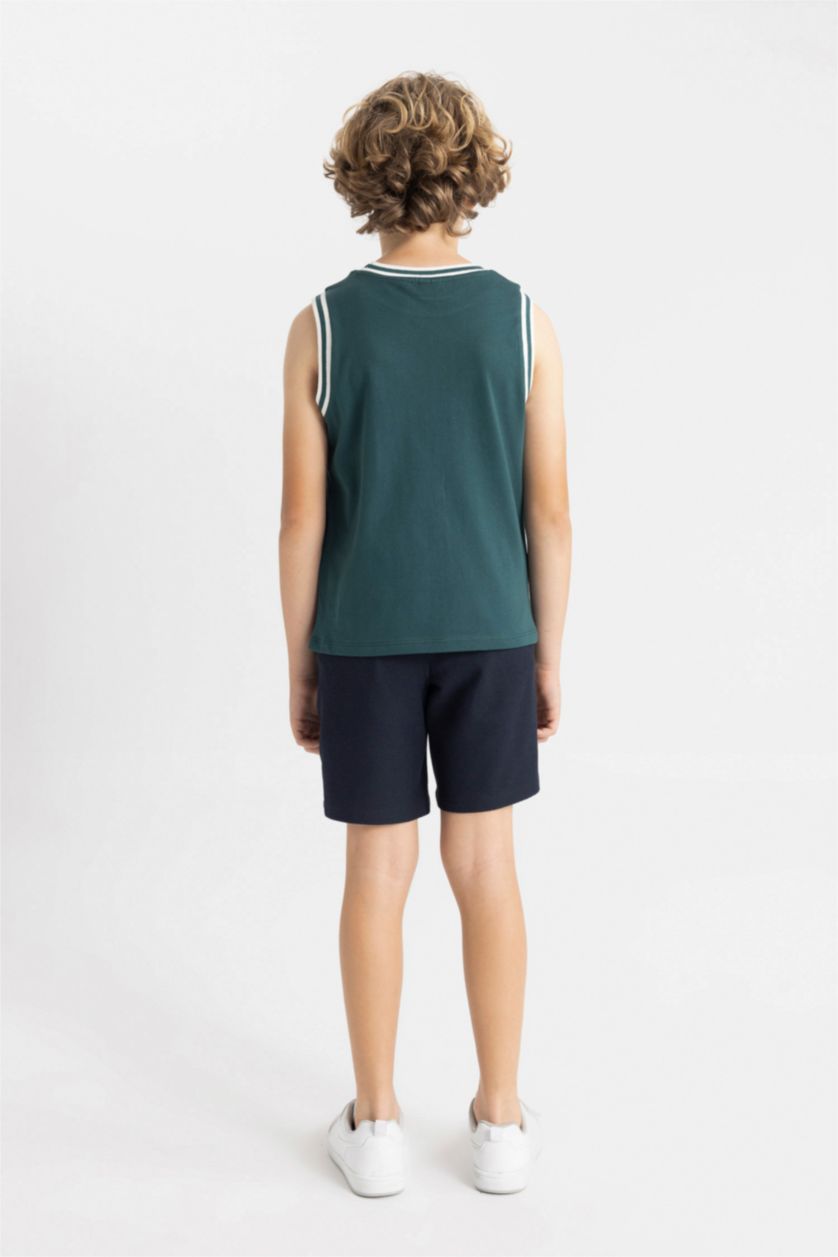 Erkek Çocuk - Genç Erkek Koyu Yeşil Erkek Çocuk 2'li Takım Bisiklet Yaka Baskılı Atlet Şort