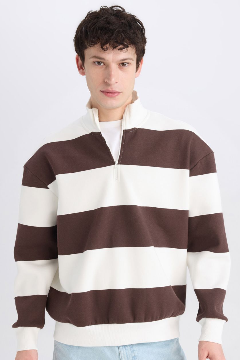 Man Brown Boxy Fit Zippered Stand Collar Striped Sweatshirt