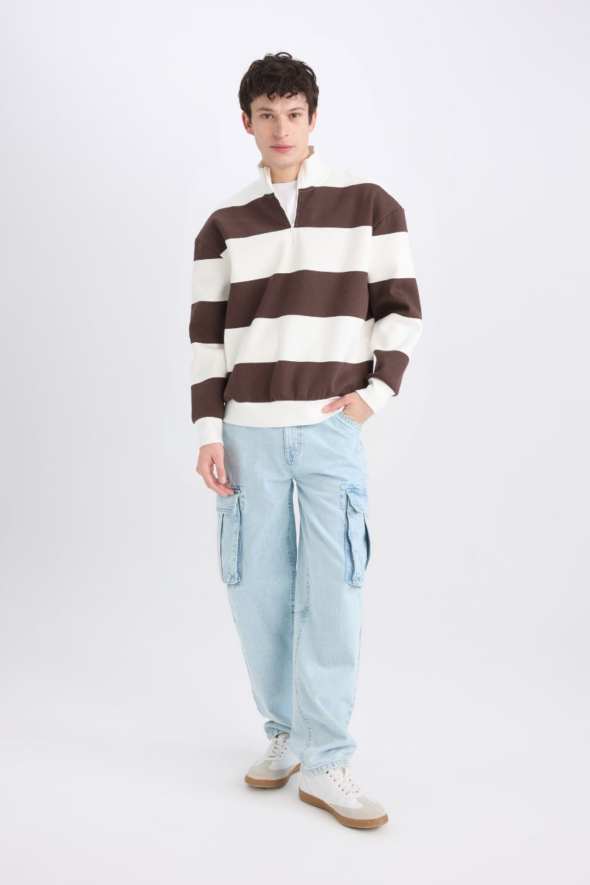 Man Brown Boxy Fit Zippered Stand Collar Striped Sweatshirt