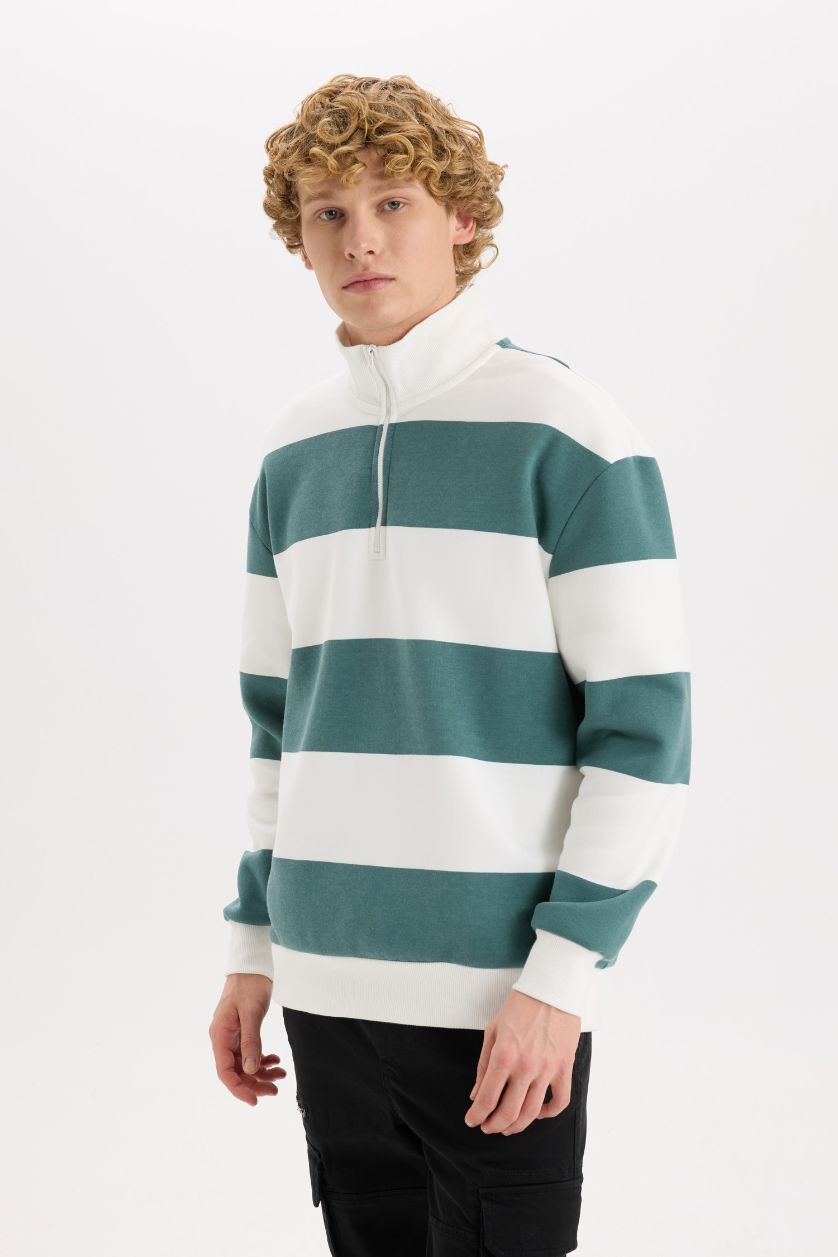 Erkek Yeşil Boxy Fit Dik Yaka Yarım Fermuarlı Çizgili Sweatshirt