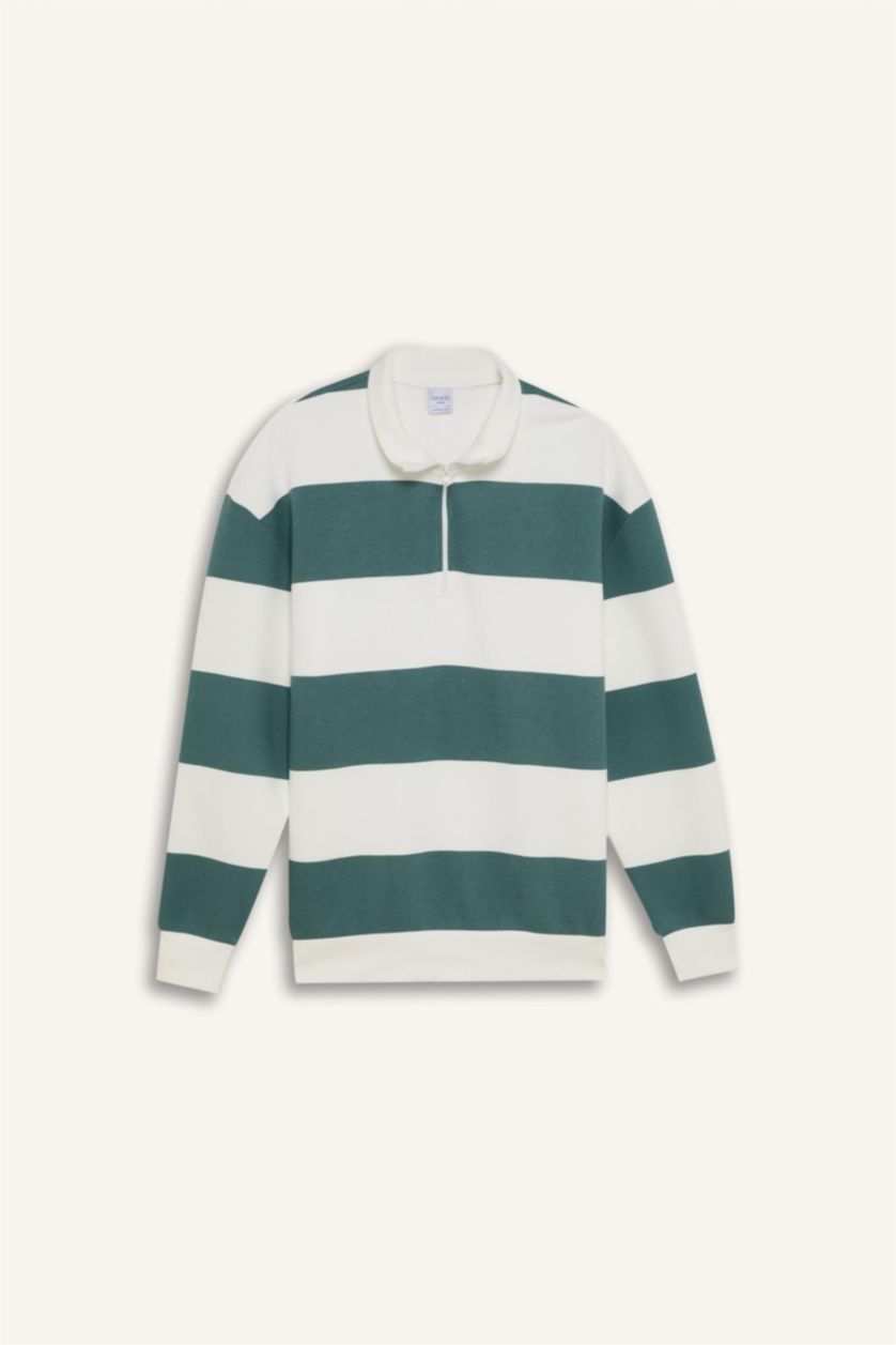 Erkek Yeşil Boxy Fit Dik Yaka Yarım Fermuarlı Çizgili Sweatshirt