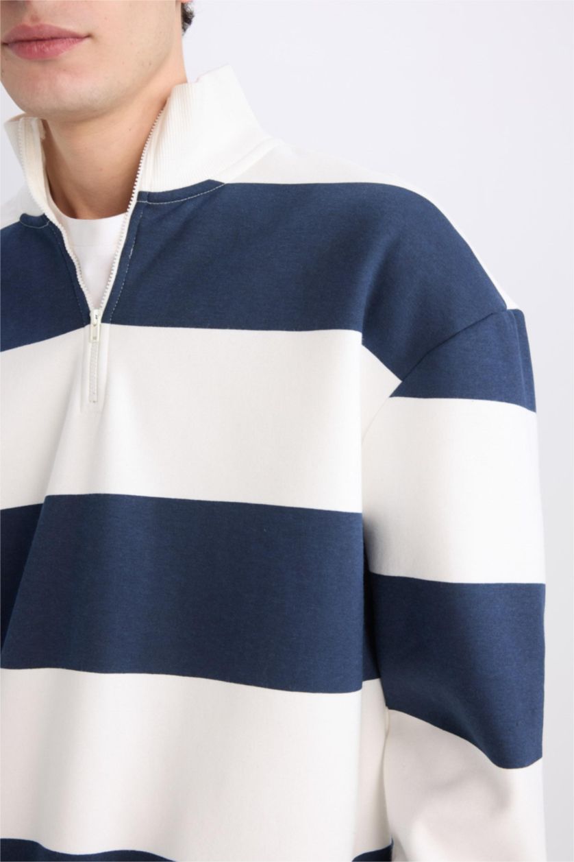 Erkek Lacivert Boxy Fit Dik Yaka Yarım Fermuarlı Çizgili Sweatshirt