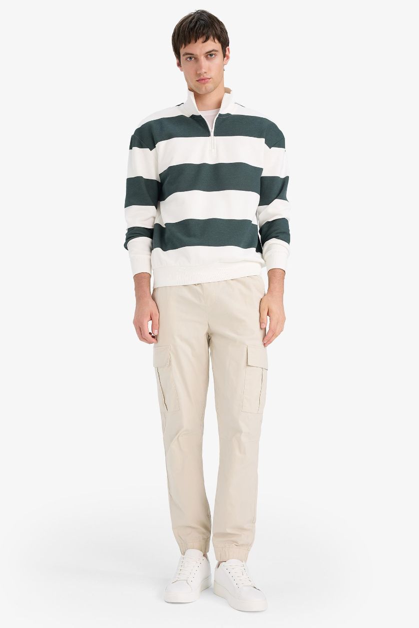 Erkek Koyu Petrol Boxy Fit Dik Yaka Yarım Fermuarlı Çizgili Sweatshirt