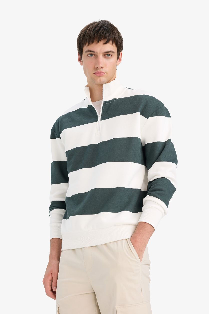 Erkek Koyu Petrol Boxy Fit Dik Yaka Yarım Fermuarlı Çizgili Sweatshirt