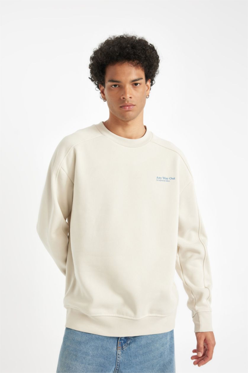 MAN Stone Man Beige Boxy Fit Crew Neck Printed Back Sweatshirt