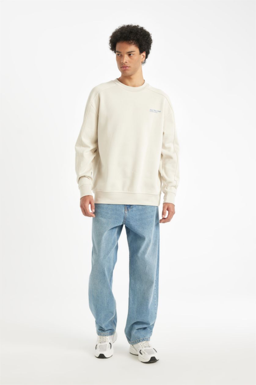 MAN Stone Man Beige Boxy Fit Crew Neck Printed Back Sweatshirt