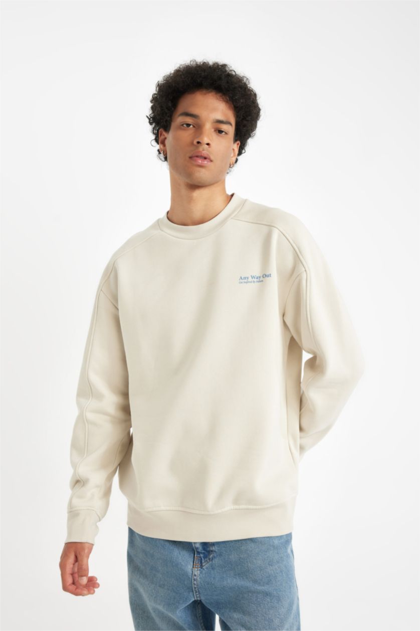 MAN Stone Man Beige Boxy Fit Crew Neck Printed Back Sweatshirt