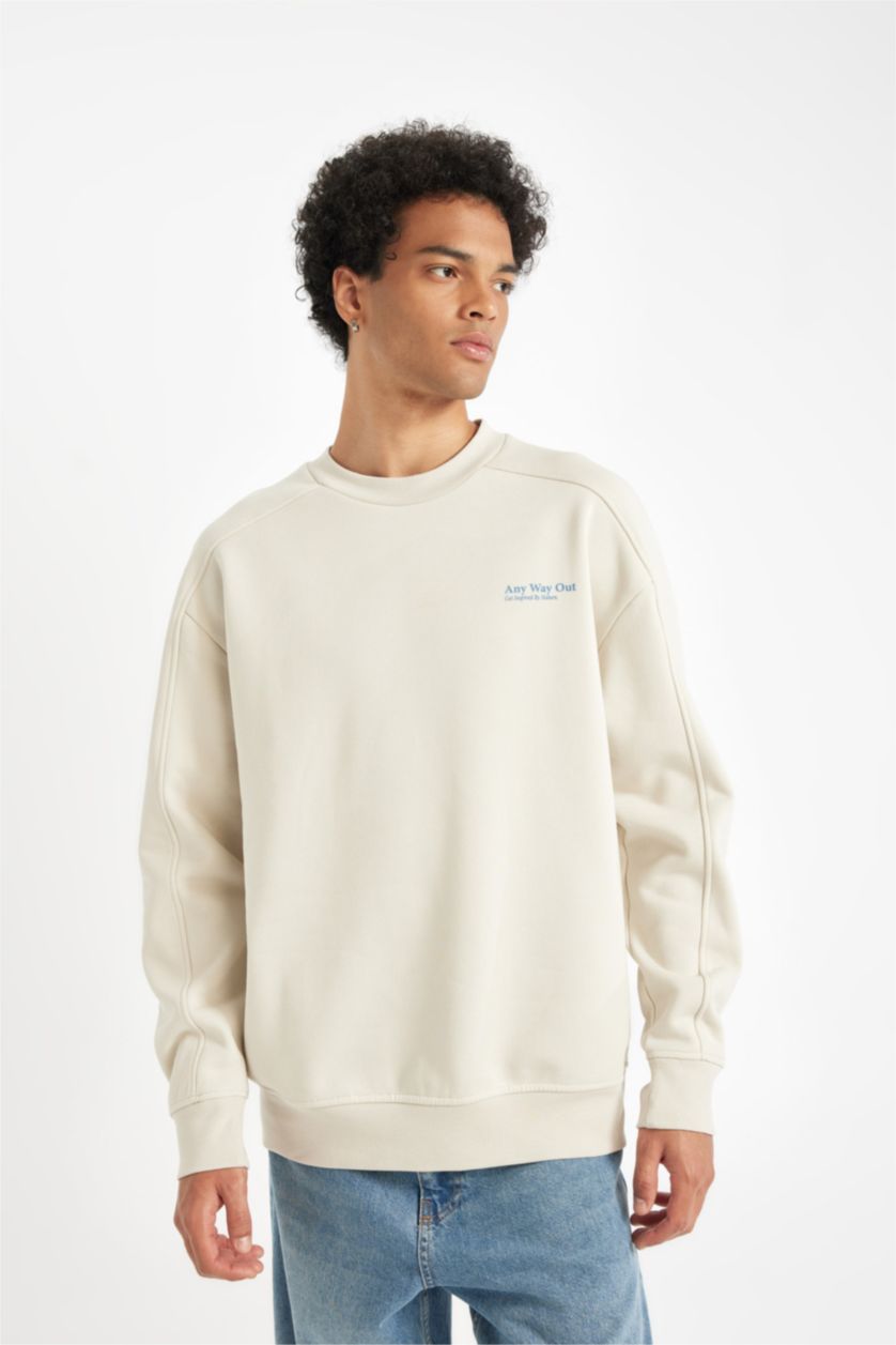 MAN Stone Man Beige Boxy Fit Crew Neck Printed Back Sweatshirt