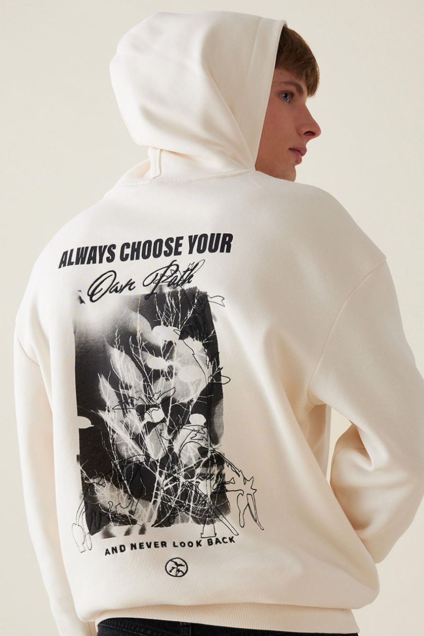 Erkek Ekru Boxy Fit Kapüşonlu Sırt Baskılı Sweatshirt