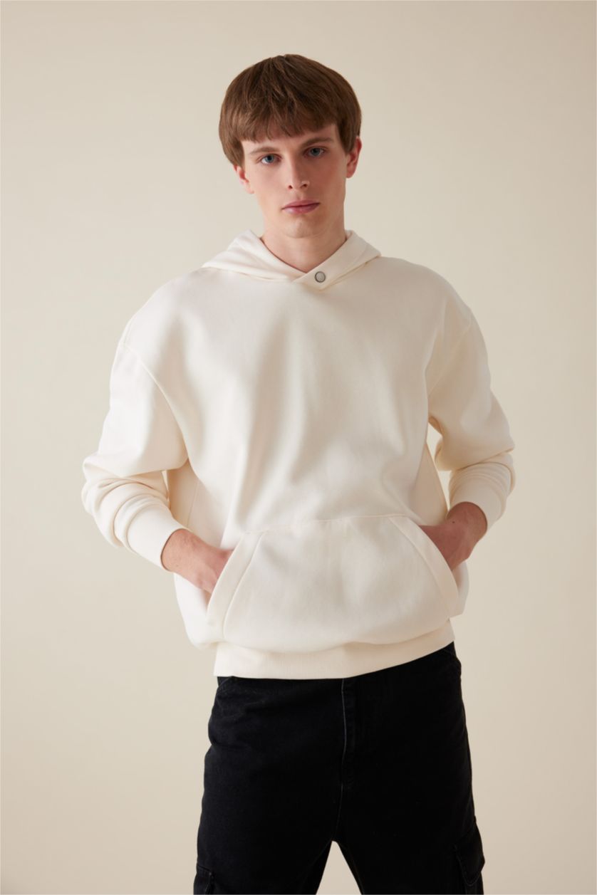Erkek Ekru Boxy Fit Kapüşonlu Sırt Baskılı Sweatshirt