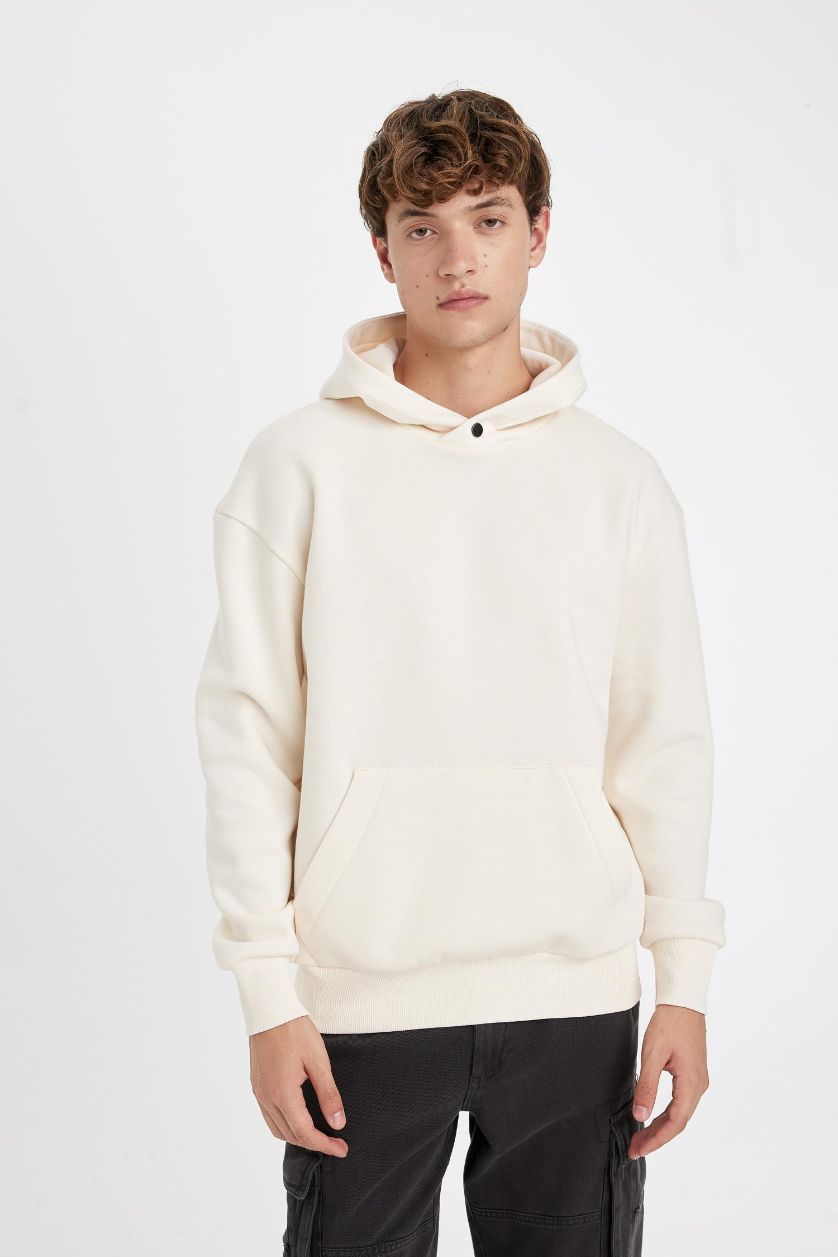 Erkek Ekru Boxy Fit Kapüşonlu Sırt Baskılı Sweatshirt