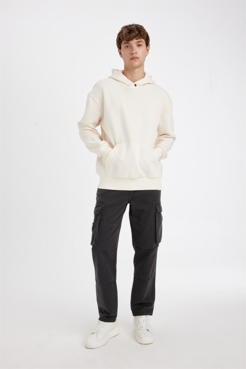 Erkek Ekru Boxy Fit Kapüşonlu Sırt Baskılı Sweatshirt