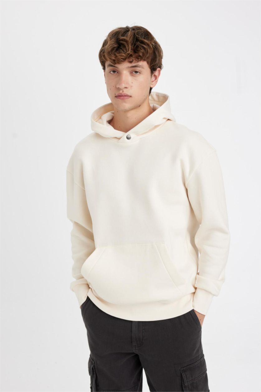 Erkek Ekru Boxy Fit Kapüşonlu Sırt Baskılı Sweatshirt