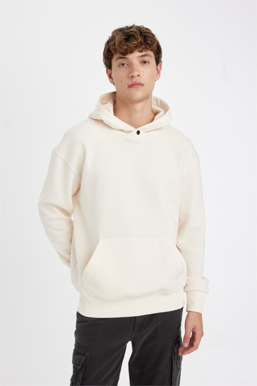 Erkek Ekru Boxy Fit Kapüşonlu Sırt Baskılı Sweatshirt