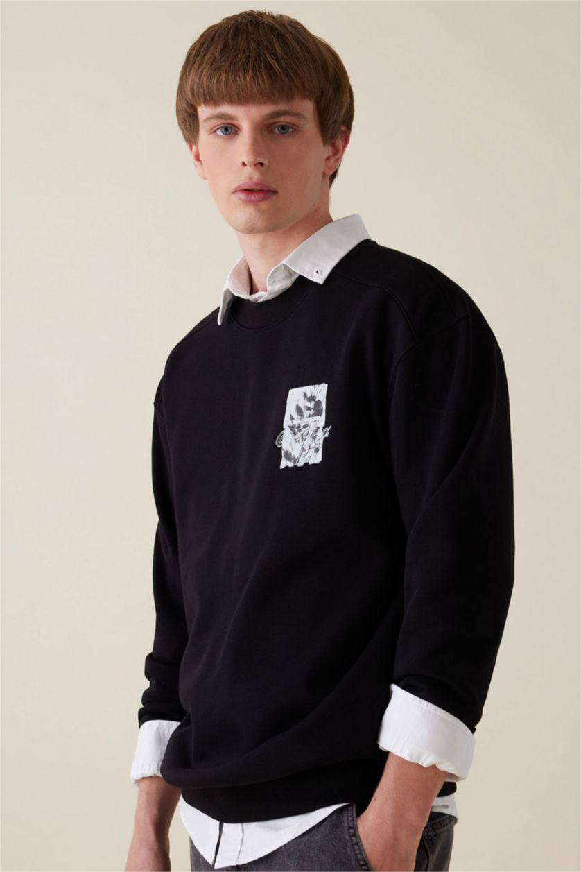 Erkek Siyah Boxy Fit Bisiklet Yaka Baskılı Sweatshirt