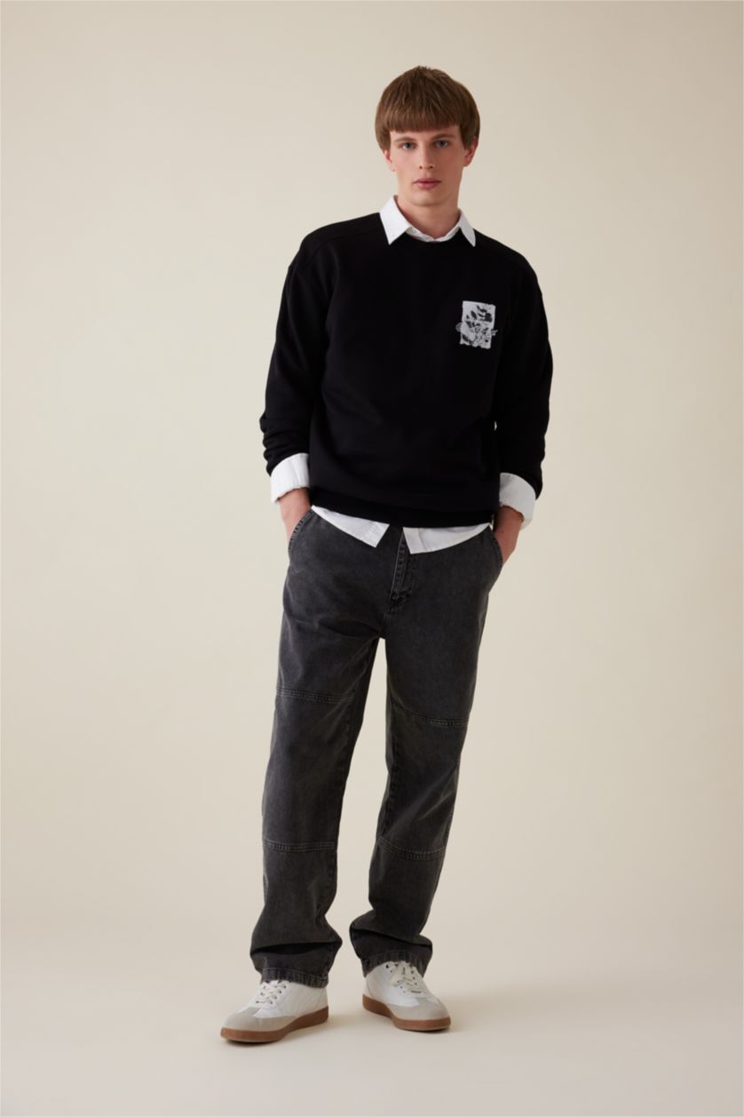 Erkek Siyah Boxy Fit Bisiklet Yaka Baskılı Sweatshirt