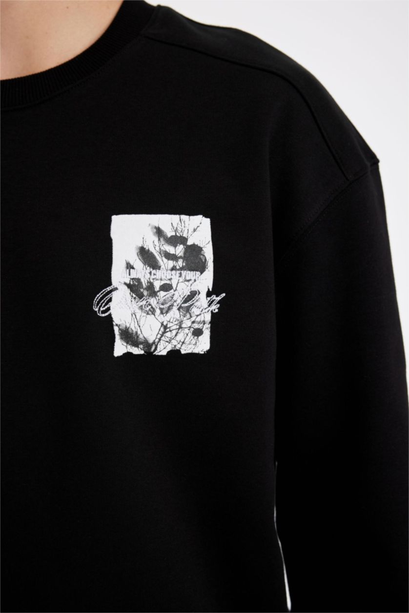 Erkek Siyah Boxy Fit Bisiklet Yaka Baskılı Sweatshirt