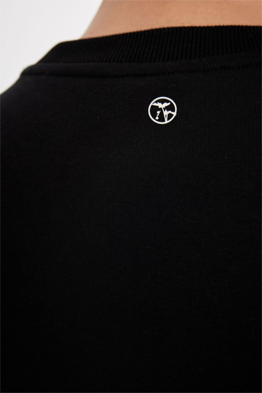 Erkek Siyah Boxy Fit Bisiklet Yaka Baskılı Sweatshirt