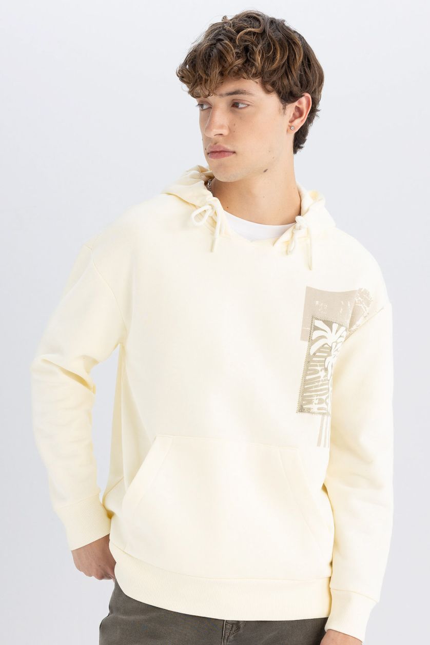 MAN Ecru Boxy Fit Hooded Printed Kangaroo Pocket Sweatshirt