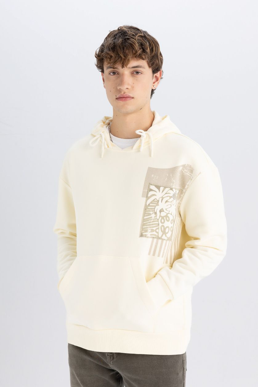 MAN Ecru Boxy Fit Hooded Printed Kangaroo Pocket Sweatshirt