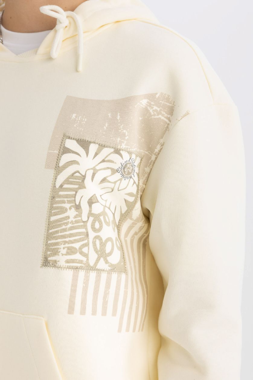 MAN Ecru Boxy Fit Hooded Printed Kangaroo Pocket Sweatshirt