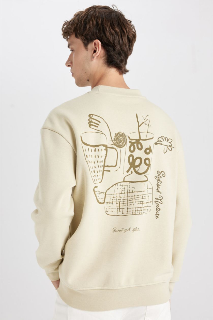 Erkek Taş Boxy Fit Bisiklet Yaka Sırt Baskılı Sweatshirt