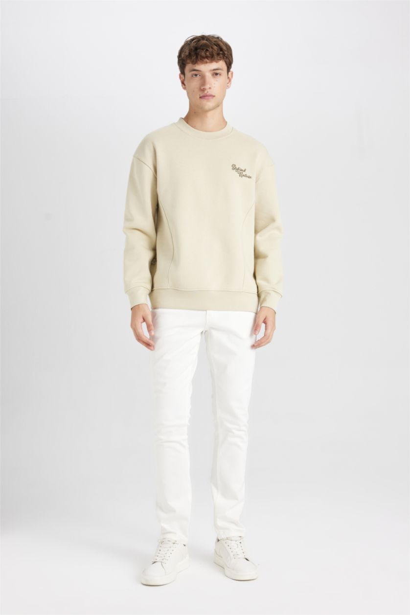 Erkek Taş Boxy Fit Bisiklet Yaka Sırt Baskılı Sweatshirt