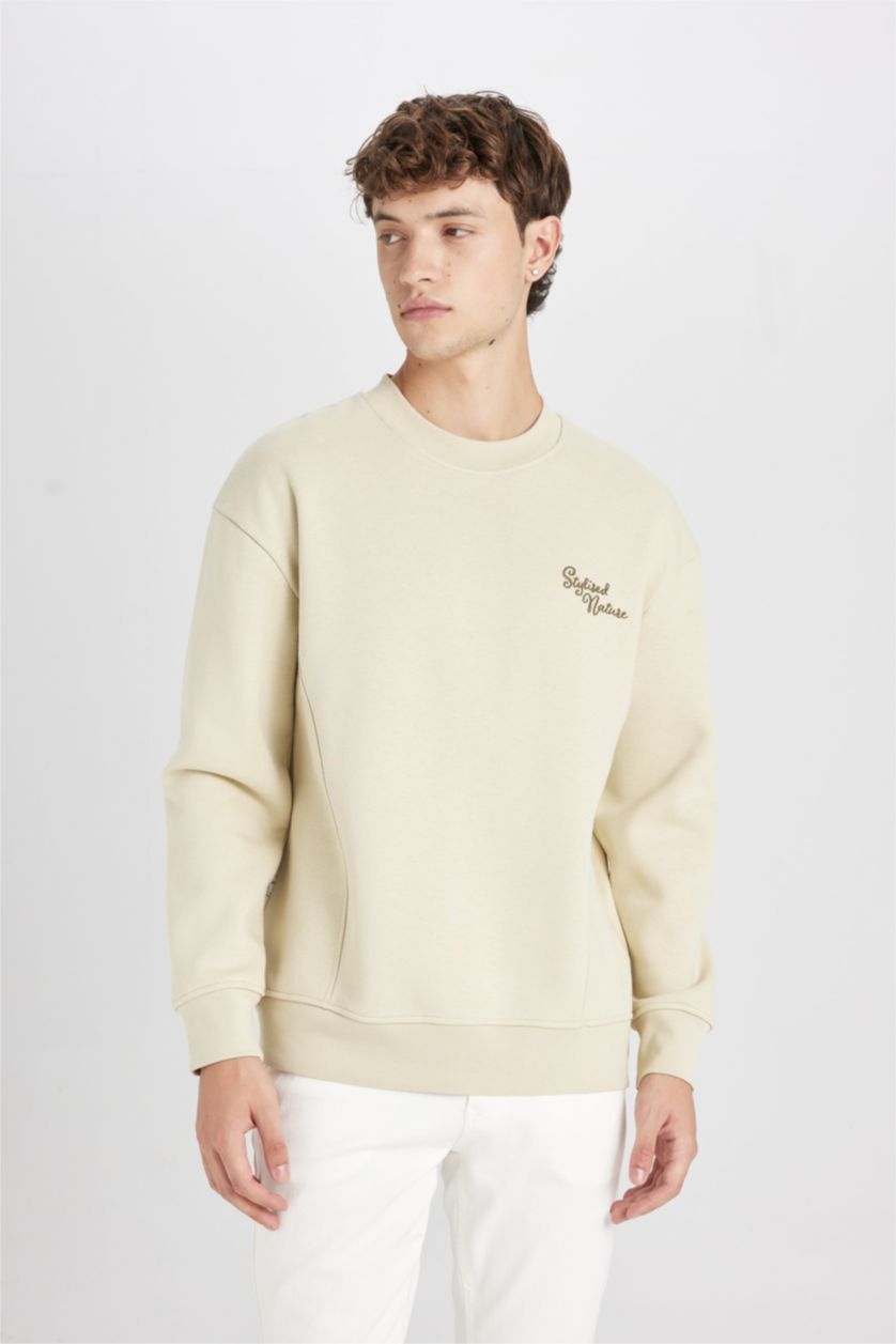 Erkek Taş Boxy Fit Bisiklet Yaka Sırt Baskılı Sweatshirt