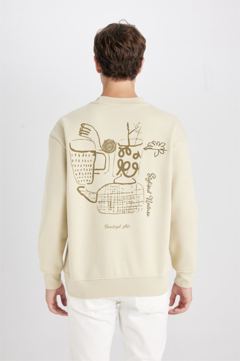 Erkek Taş Boxy Fit Bisiklet Yaka Sırt Baskılı Sweatshirt