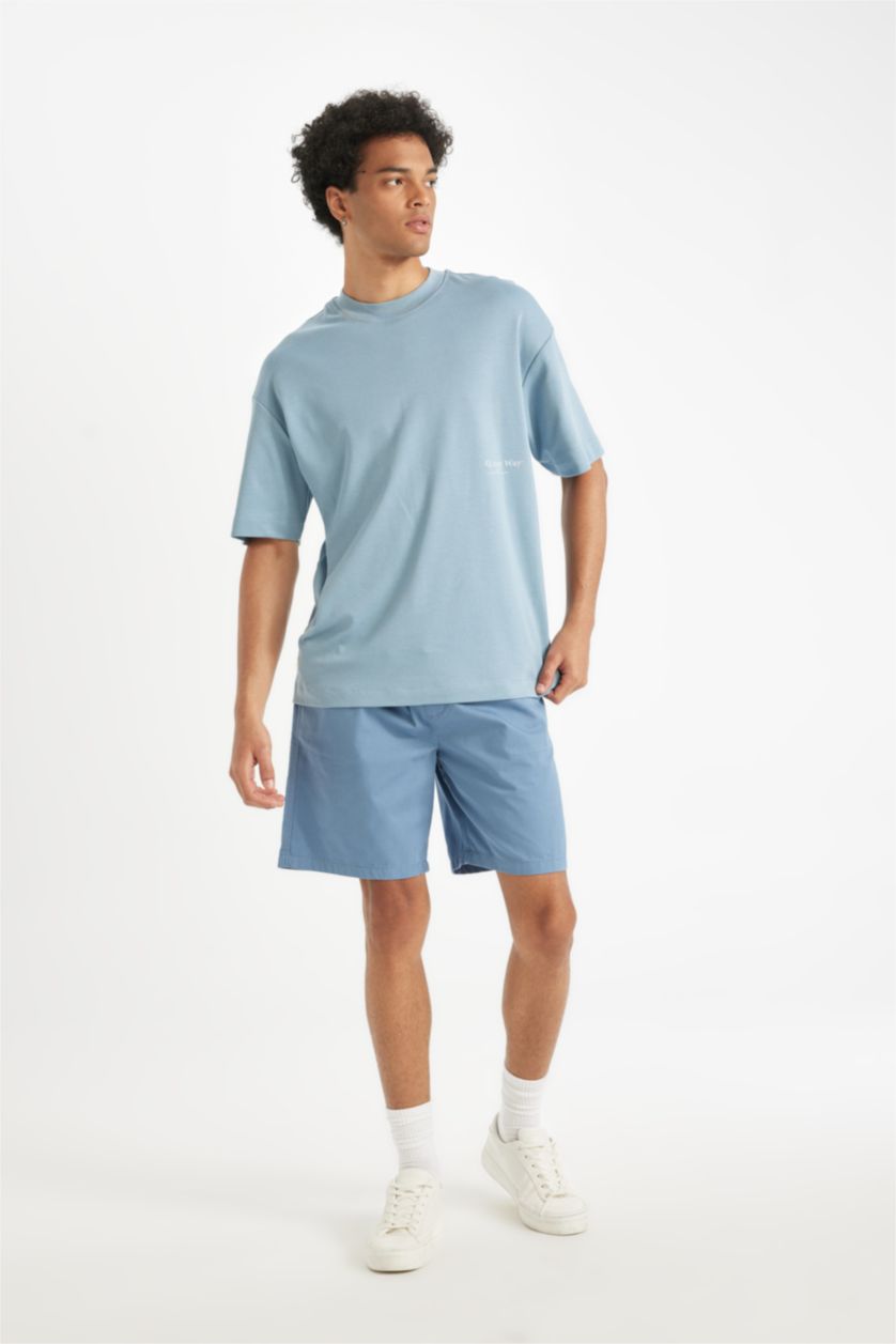 Мужчины Голубрй Футболка квадратного кроя с круглым вырезом и принтом