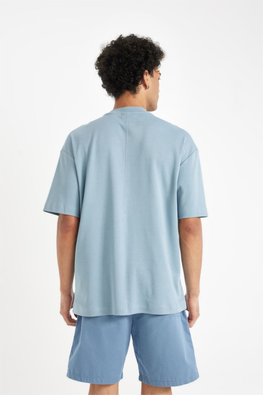 Мужчины Голубрй Футболка квадратного кроя с круглым вырезом и принтом