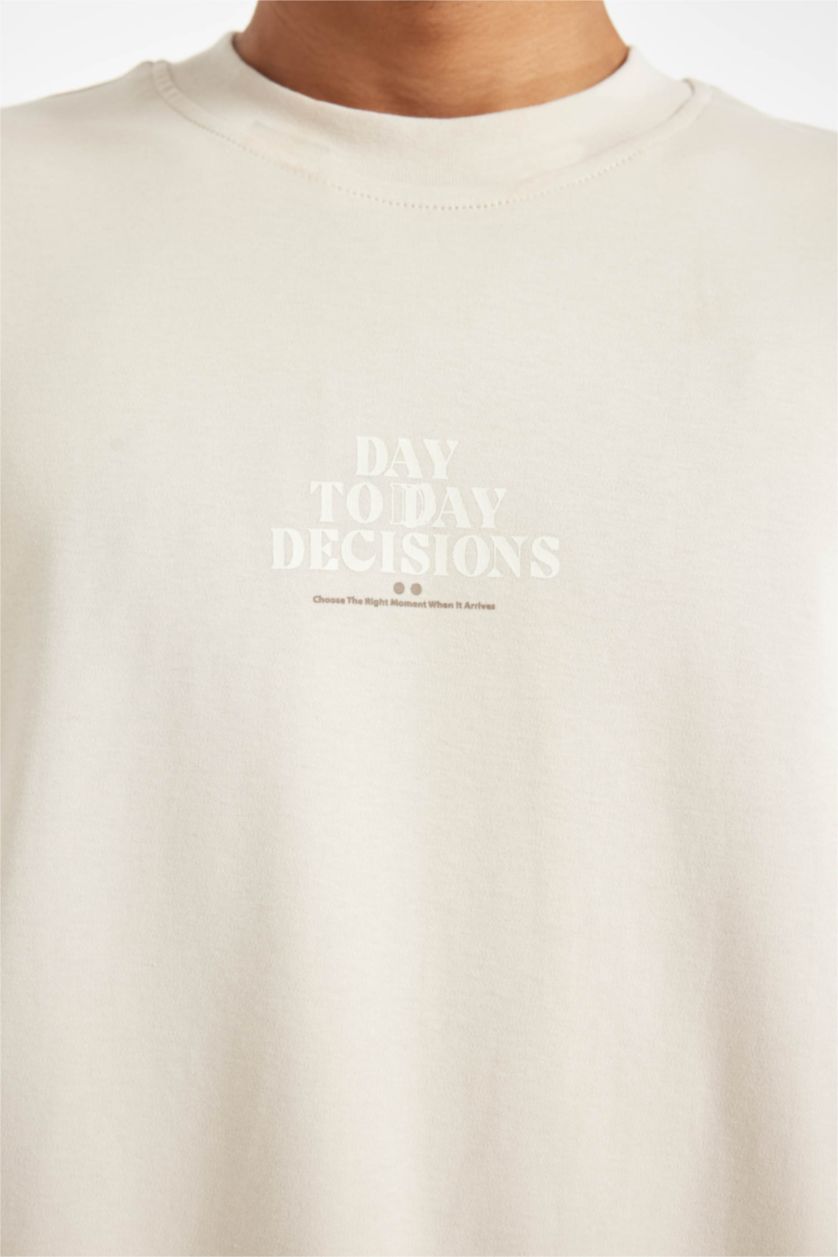 Erkek Taş %100 Pamuk Boxy Fit Bisiklet Yaka Baskılı Kısa Kollu Ağır Kumaş Tişört