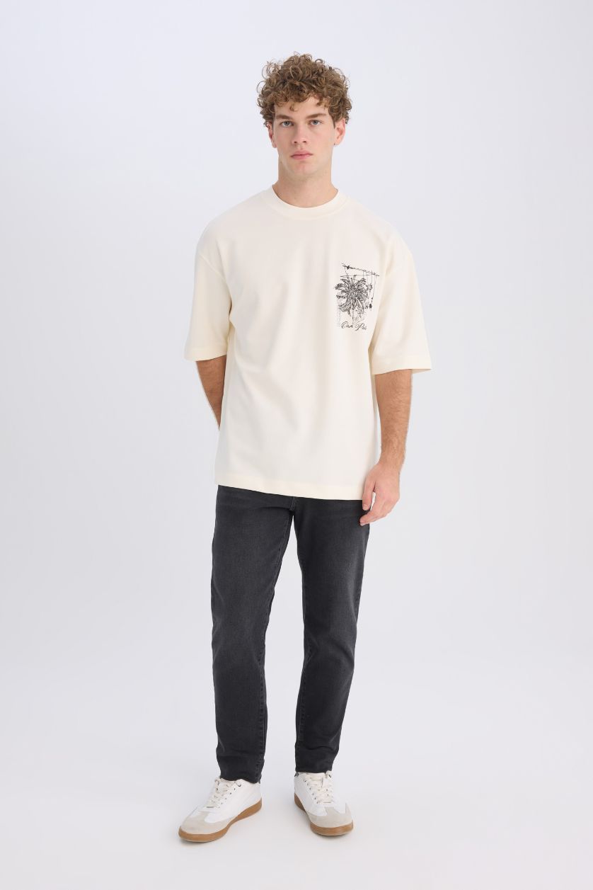 Erkek Ekru Loose Fit Bisiklet Yaka Çiçekli Kısa Kollu Ağır Kumaş Tişört