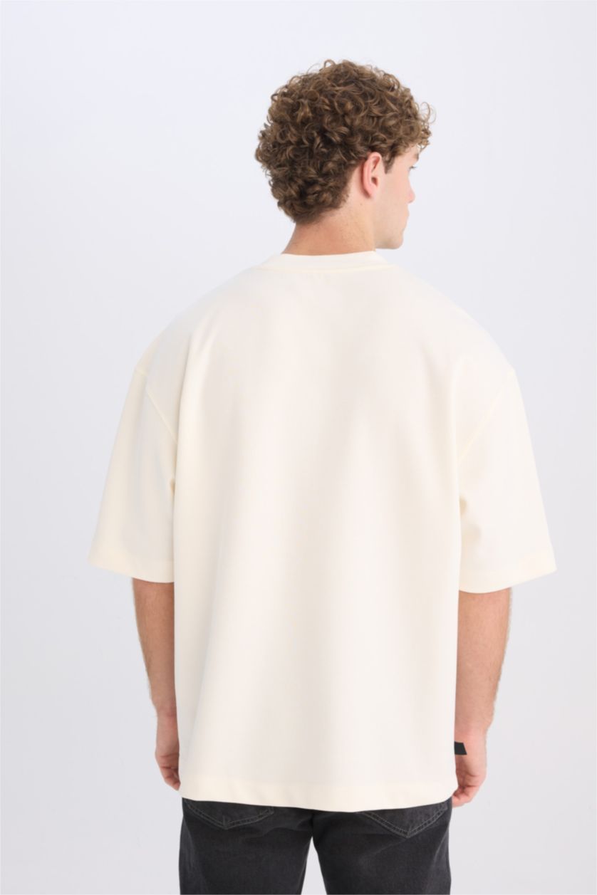 Erkek Ekru Loose Fit Bisiklet Yaka Çiçekli Kısa Kollu Ağır Kumaş Tişört