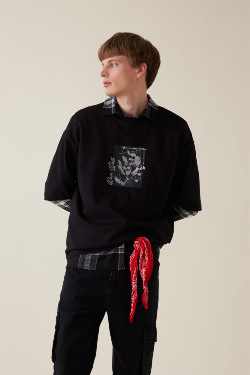 MAN Black Black Loose Fit Crew Neck Floral Printed Heavy Fabric T-Shirt