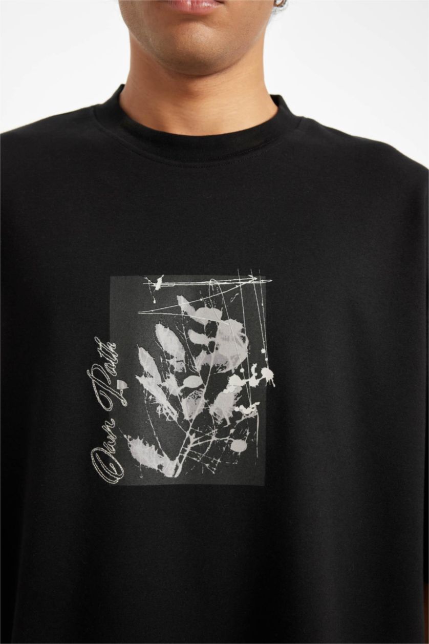 MAN Black Black Loose Fit Crew Neck Floral Printed Heavy Fabric T-Shirt