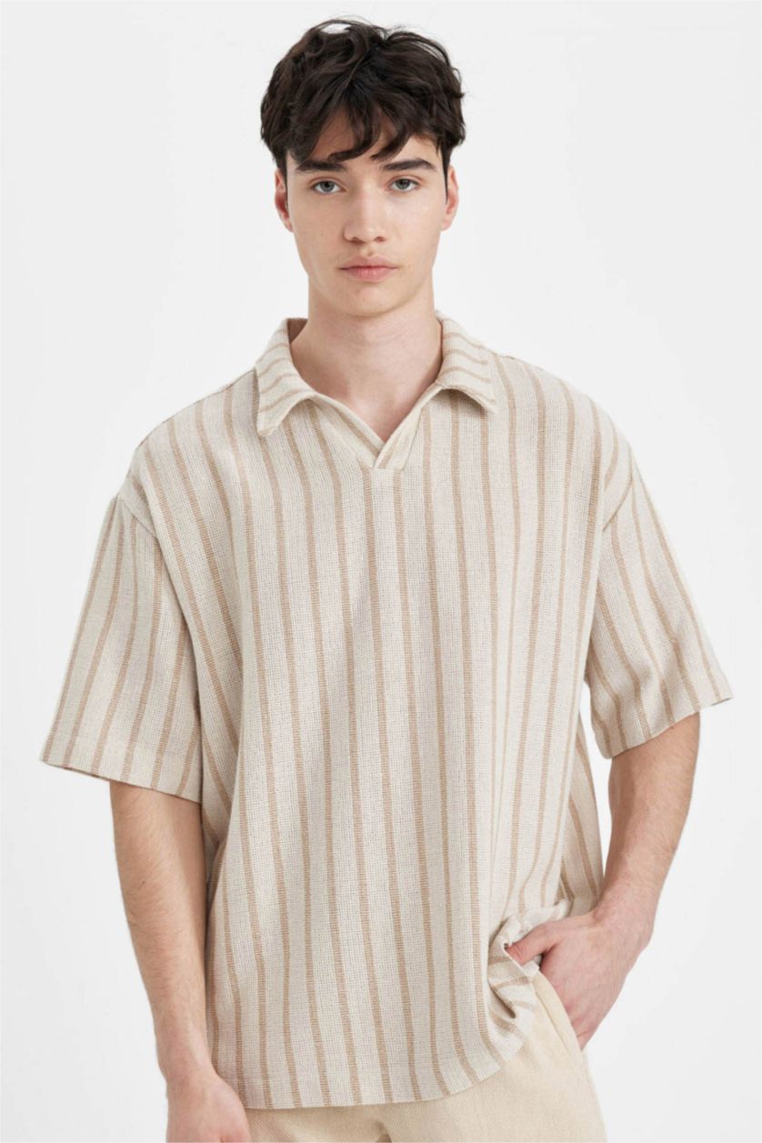 Erkek Bej Oversize Geniş Kalıp Yazlık Polo Yaka Çizgili Kısa Kollu Gömlek