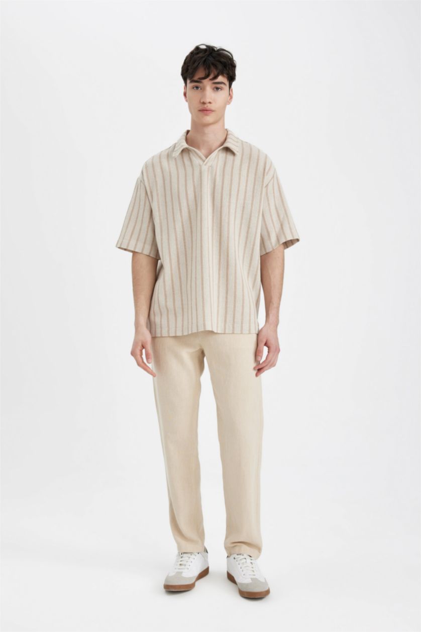 Erkek Bej Oversize Geniş Kalıp Yazlık Polo Yaka Çizgili Kısa Kollu Gömlek