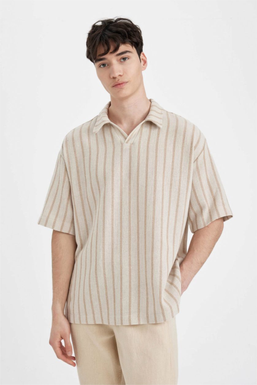 Erkek Bej Oversize Geniş Kalıp Yazlık Polo Yaka Çizgili Kısa Kollu Gömlek