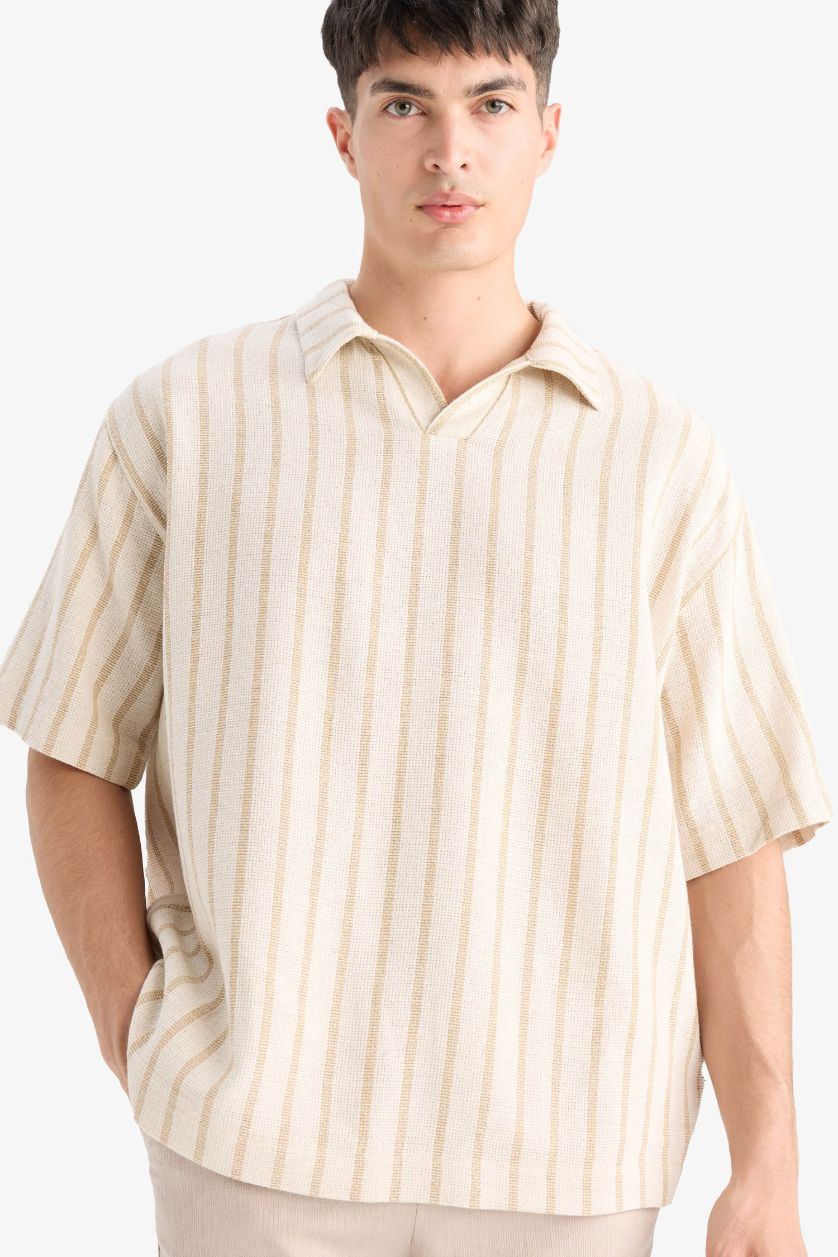 Man Ecru Oversize Fit Polo Neck Striped Shirt