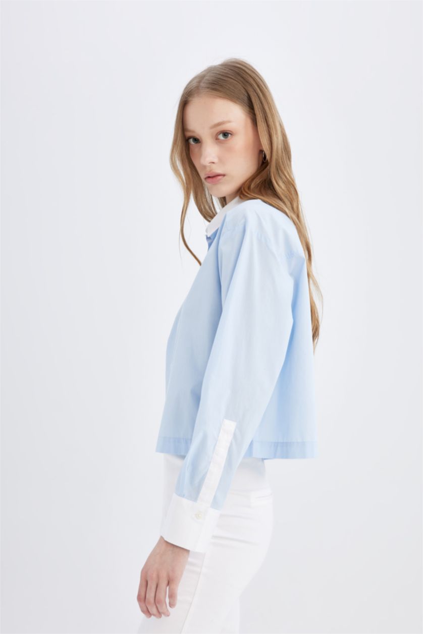 Woman Blue Crop Poplin Long Sleeve Shirt