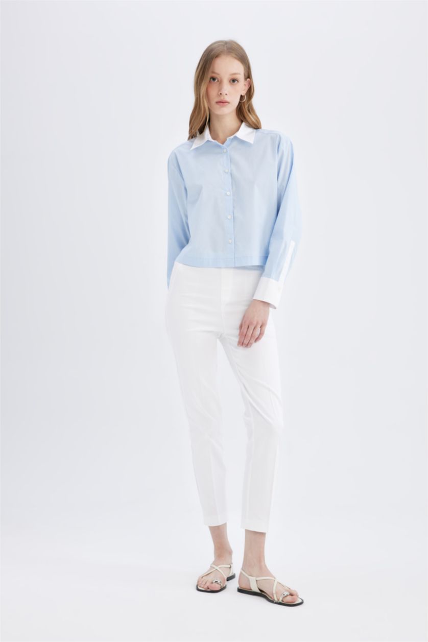 Woman Blue Crop Poplin Long Sleeve Shirt