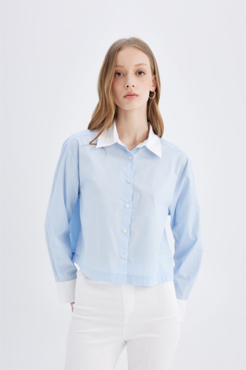 Woman Blue Crop Poplin Long Sleeve Shirt