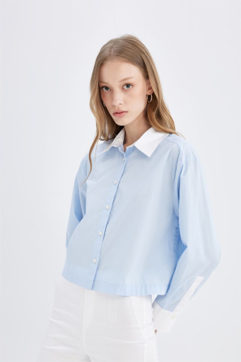 Woman Blue Crop Poplin Long Sleeve Shirt