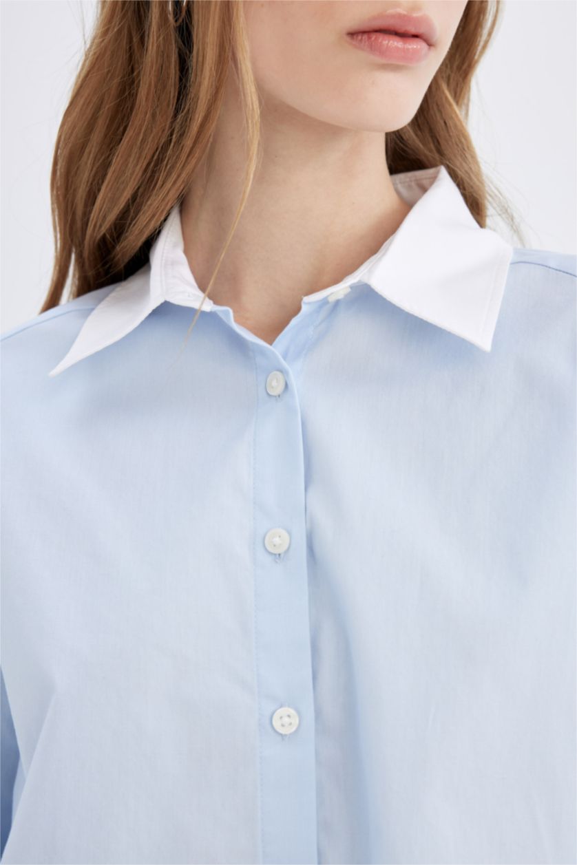 Woman Blue Crop Poplin Long Sleeve Shirt