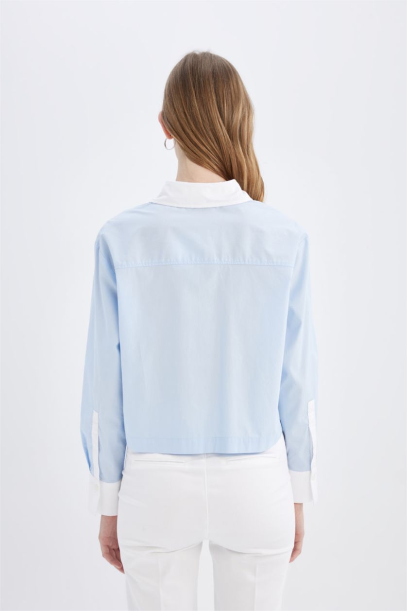 Woman Blue Crop Poplin Long Sleeve Shirt