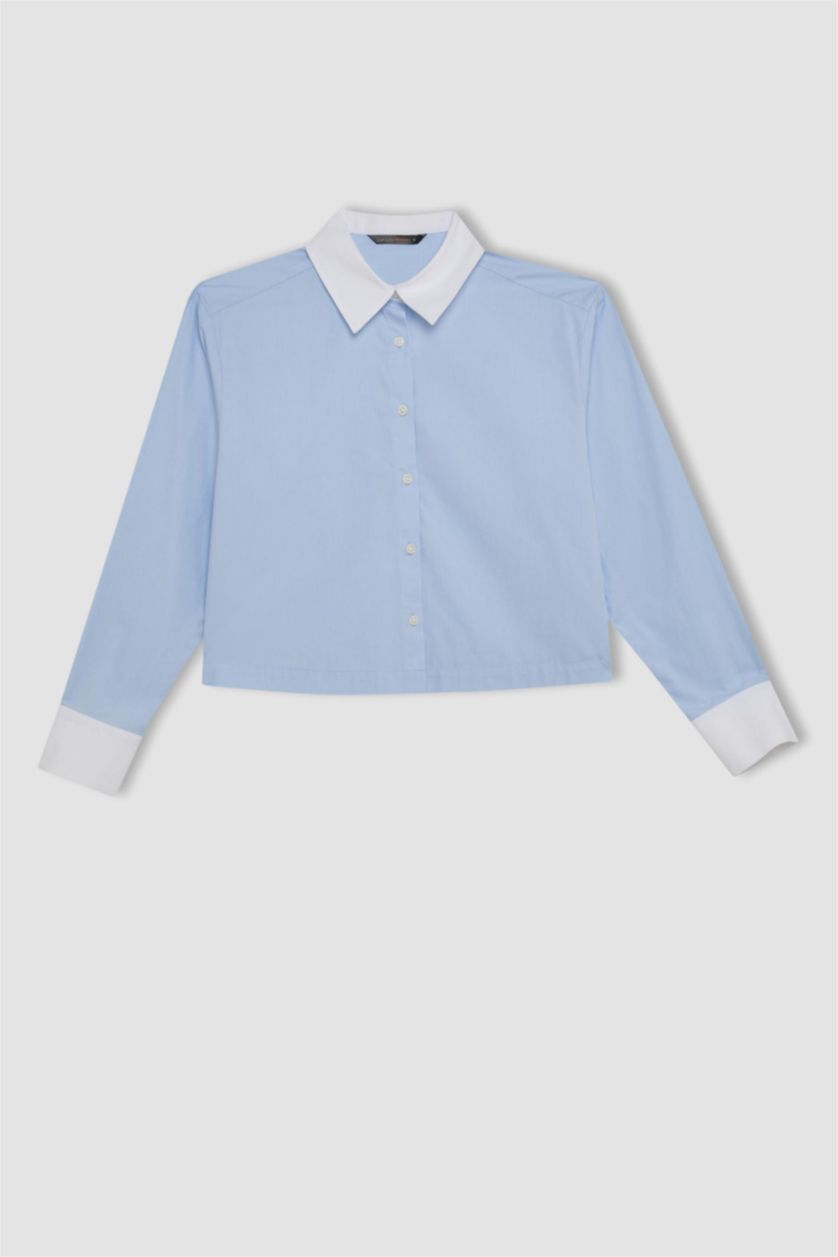 Woman Blue Crop Poplin Long Sleeve Shirt