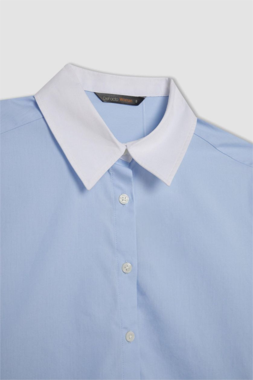 Woman Blue Crop Poplin Long Sleeve Shirt