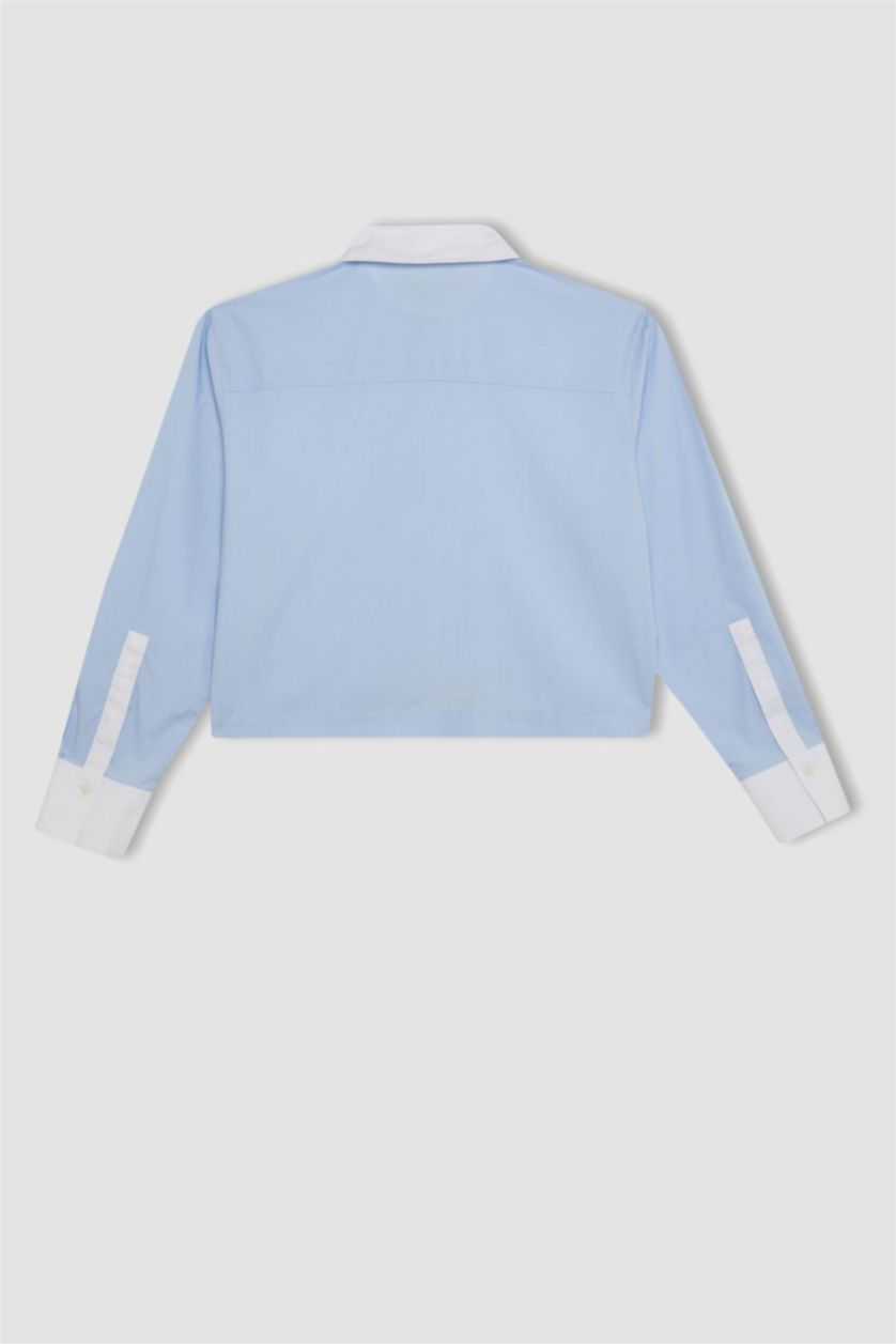 Woman Blue Crop Poplin Long Sleeve Shirt