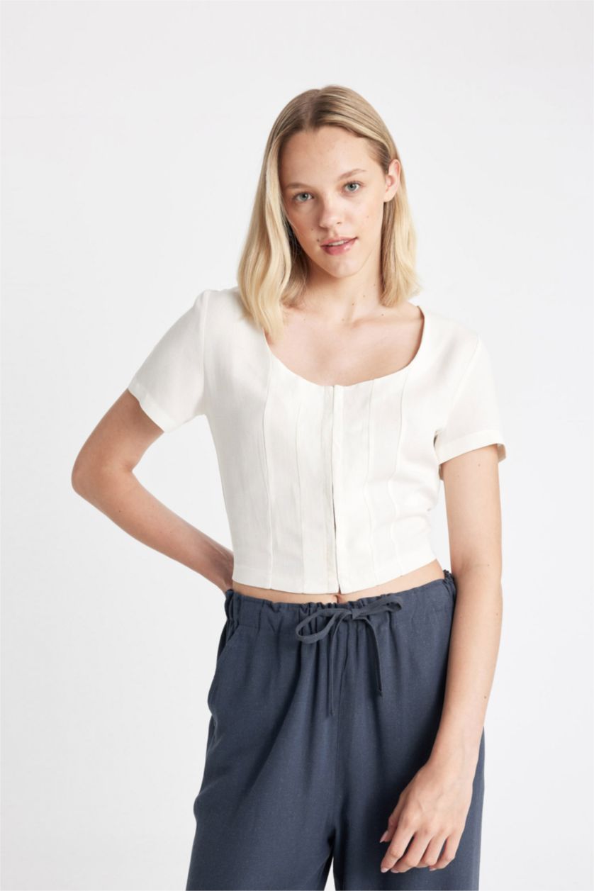 نساء اوف وايت بلوزة نص كم سليم فيت برقبة مربعة